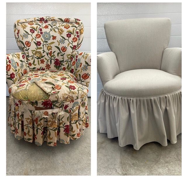 A before and after picture of a chair with a floral pattern