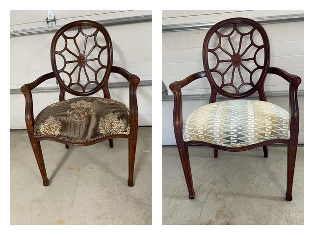 Two pictures of a chair before and after being reupholstered.