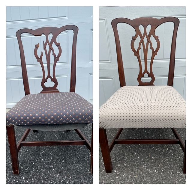 A before and after picture of a chair with polka dots on the seat