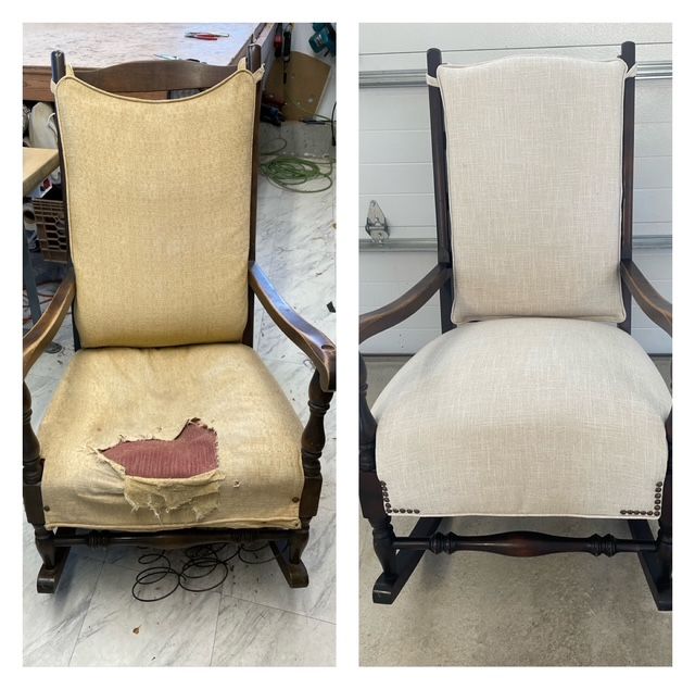 A before and after photo of a rocking chair