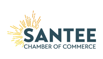 Santee Chamber of Commerce logo. Navy blue text with a sunburst design on a white background.