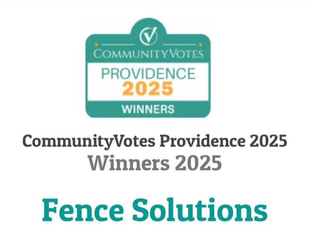 CommunityVotes Providence 2025 Winners badge. Fence Solutions text below it. Teal, white, and orange colors.