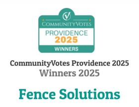 CommunityVotes Providence 2025 Winners badge. Fence Solutions text below it. Teal, white, and orange colors.