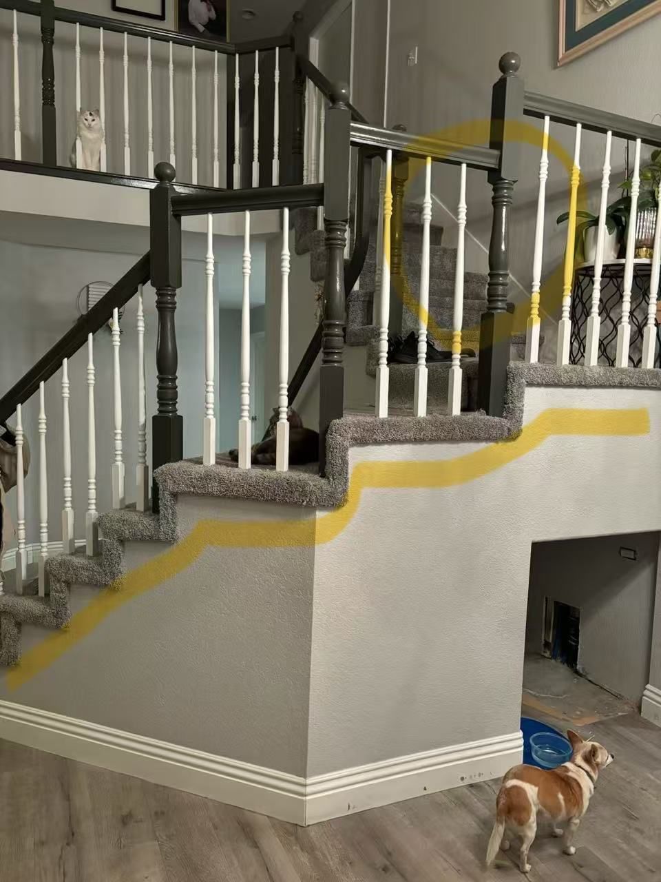 A dog is standing next to a staircase in a house.