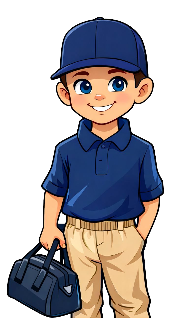 Smiling child in blue cap and shirt, holding a dark duffel bag and wearing beige pants.