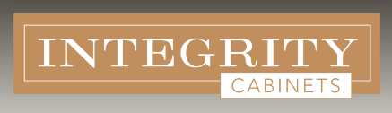 Tan and white Integrity Cabinets logo on a brown background