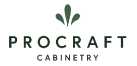 ProCraft Cabinetry logo in green and black with leaf icon