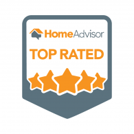 HomeAdvisor Top Rated badge with orange stars and logo.