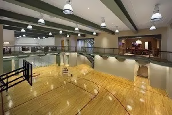 There is a basketball hoop in the middle of the room.