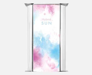 A vertical, clear plastic package featuring a watercolor design of pink and blue clouds, with the text