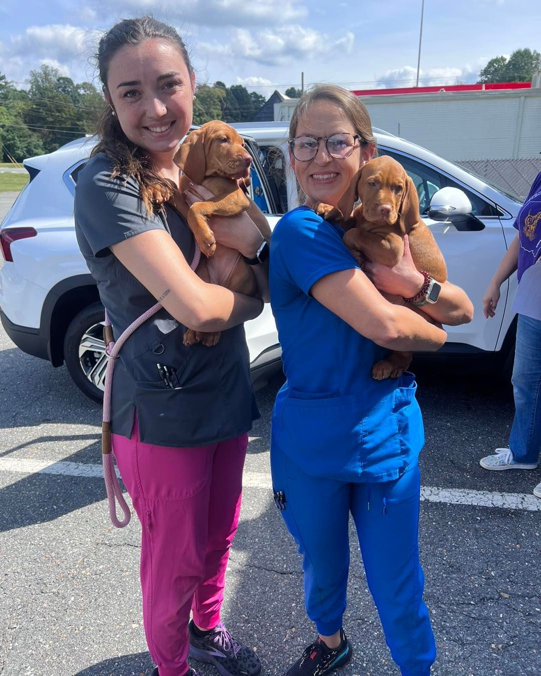 Two women in scrubs are holding two puppies in front of a car.