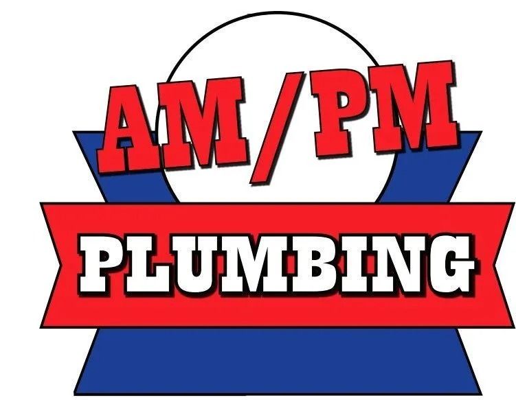Logo for AM/PM Plumbing; red and white text on a blue and red geometric shape. "AM/PM" on top, "PLUMBING" below.