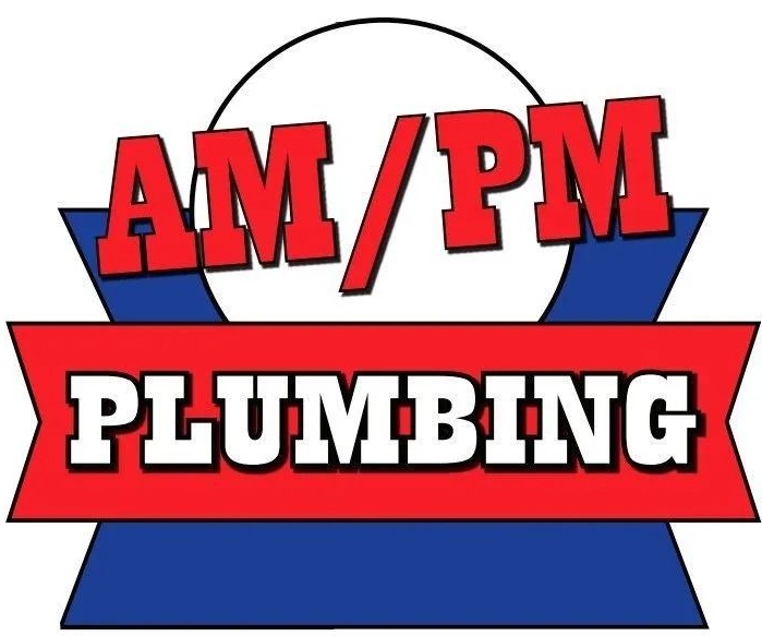 Logo for AM/PM Plumbing, featuring red text on a red and blue banner, with a white circle behind the AM/PM.