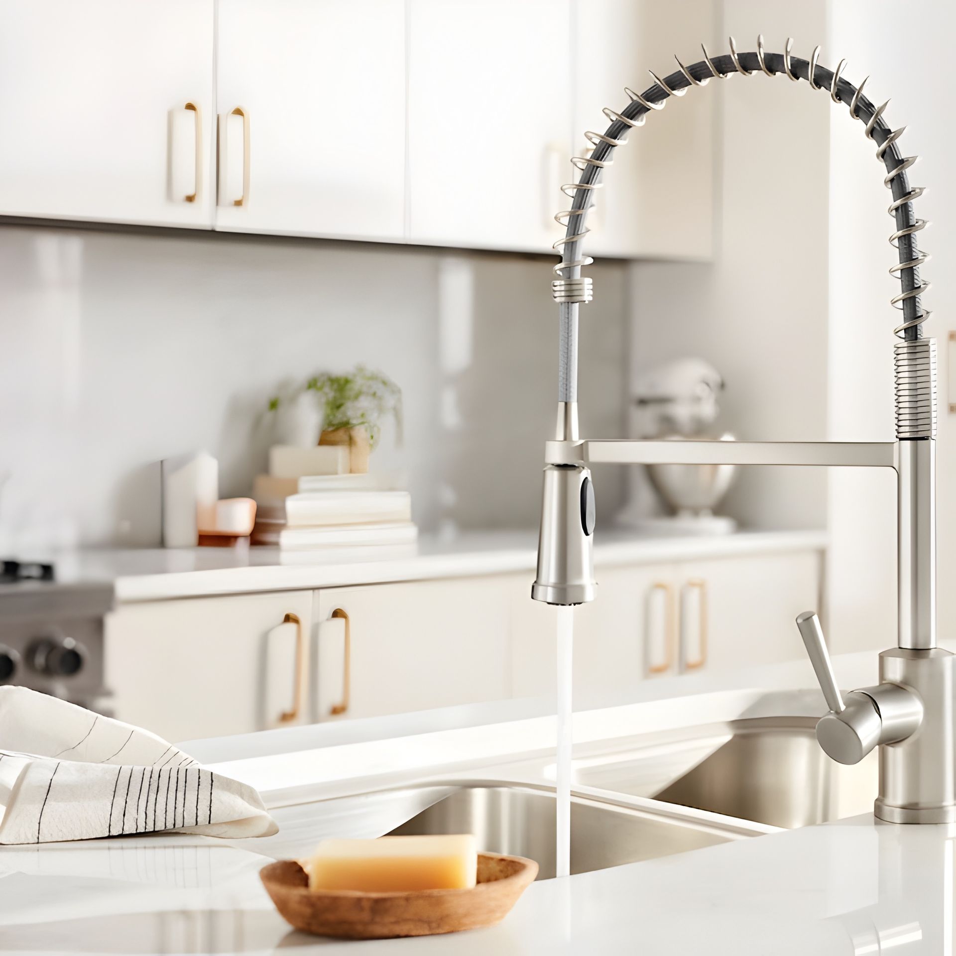 Modern kitchen with stainless-steel sink, spring faucet, white cabinets, and a wooden bowl on the counter.