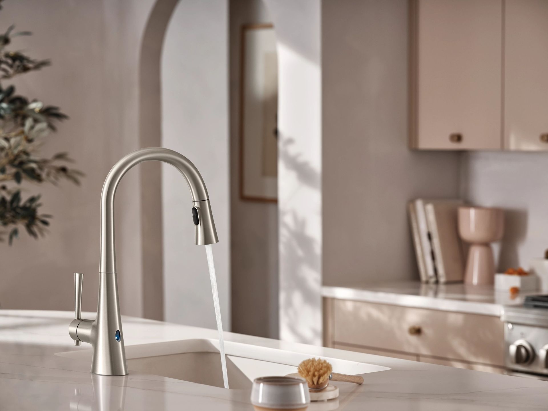 Modern kitchen sink with stainless faucet, soap dispenser, and countertop near a sunlit window.