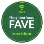 Green circular 2024 Neighborhood Fave badge with Nextdoor logo and trophy icon