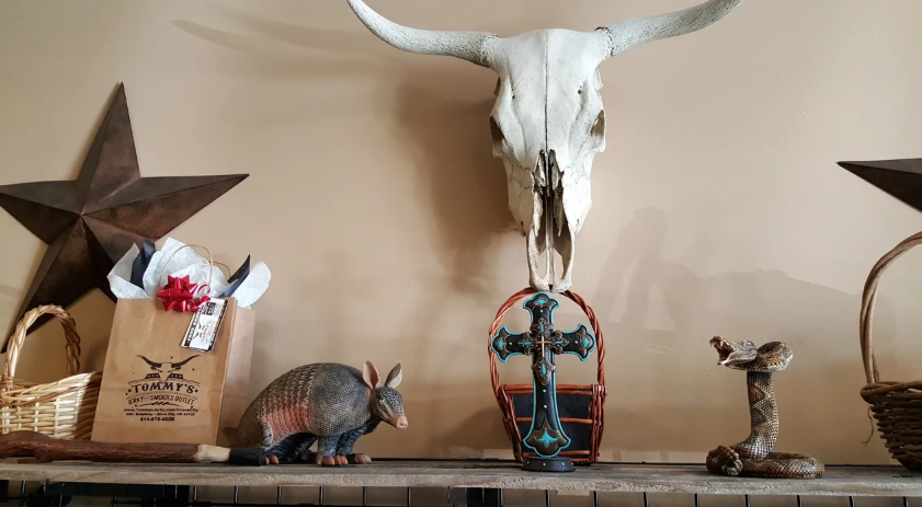Shelf display with a cow skull, star decor, and a variety of rustic items.