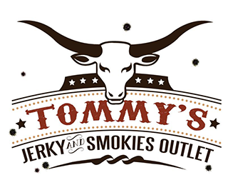 Tommy's Jerky & Smokies Outlet logo featuring a longhorn and text in brown and white.