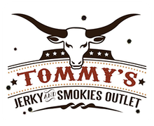 Tommy's Jerky & Smokies Outlet logo featuring a longhorn and text in brown and white.