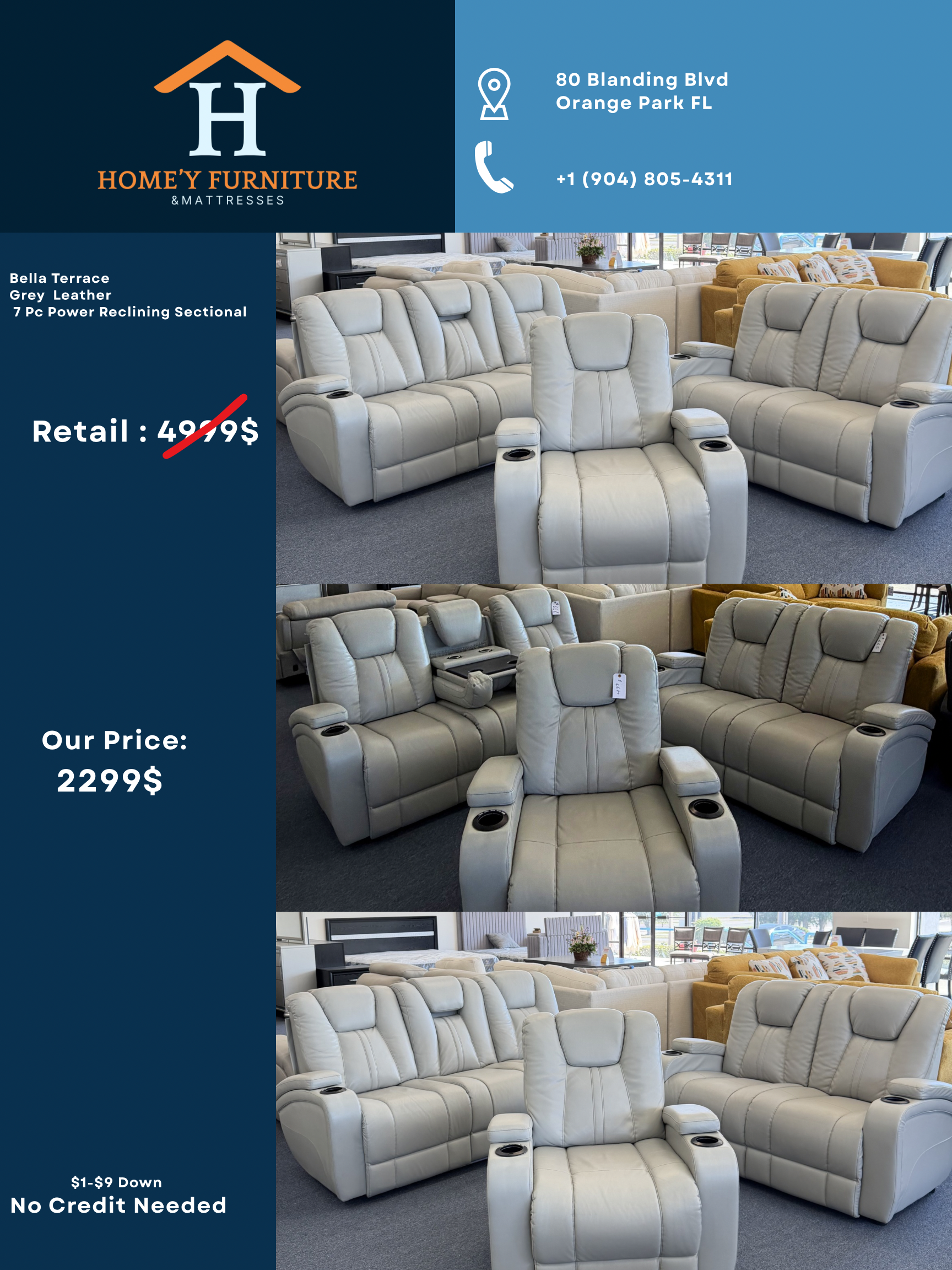 Furniture ad showing white reclining sectional sofas with a dark blue background and price labels.