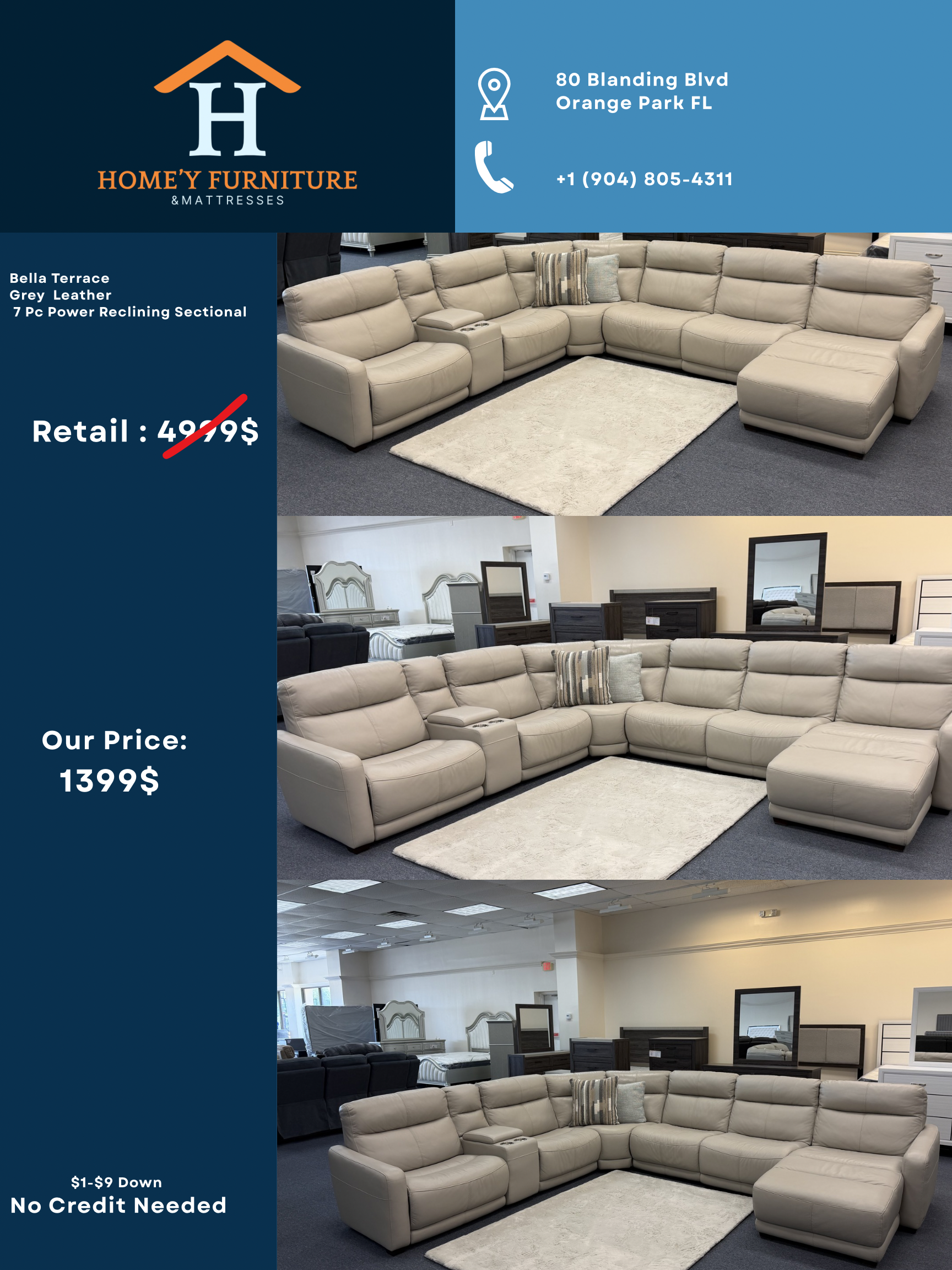 Beige sectional sofa ad with price, retail discount, and showroom photos