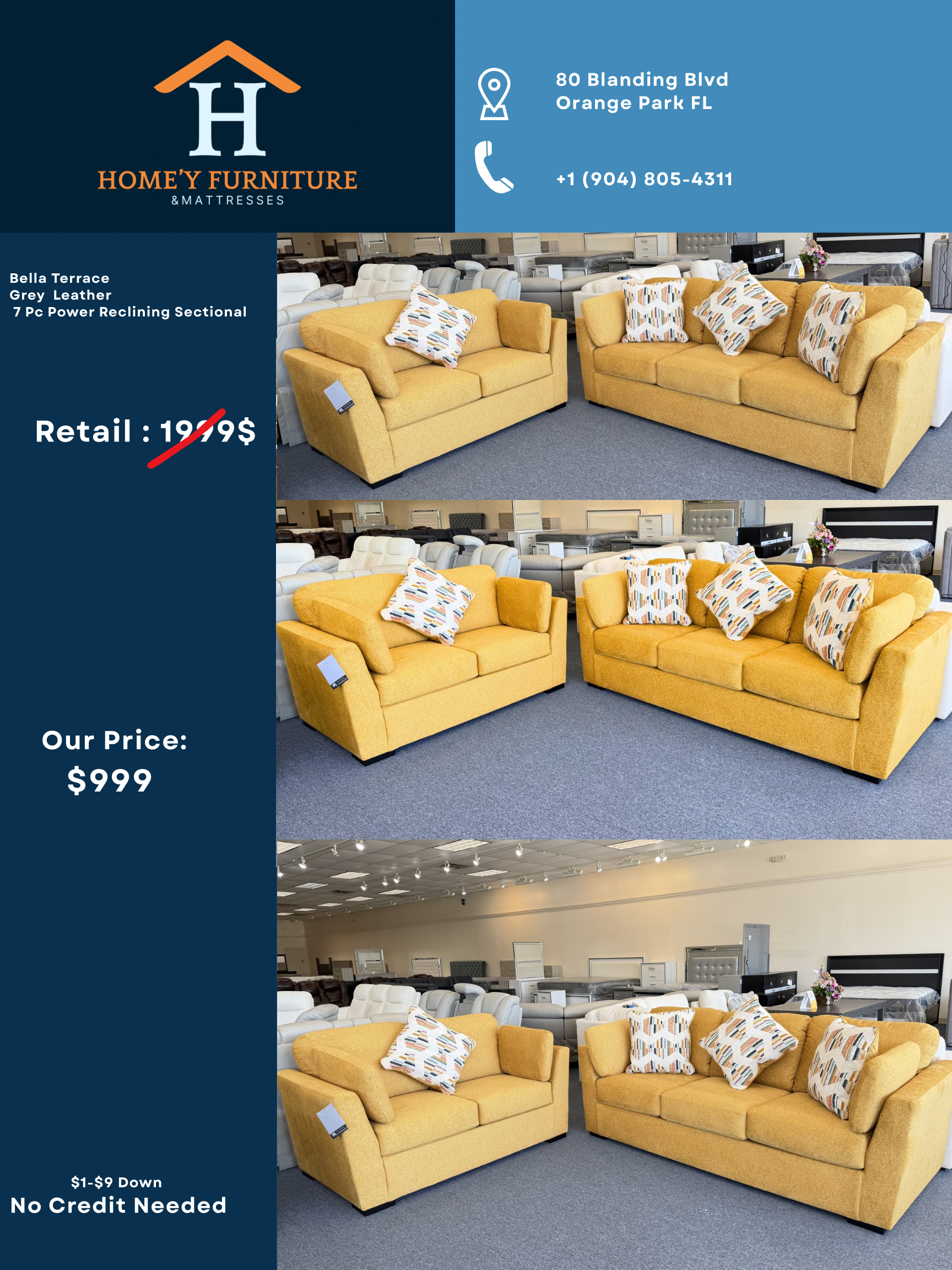 Yellow sectional sofa set with pillows, shown in multiple views with retail and sale prices on blue background