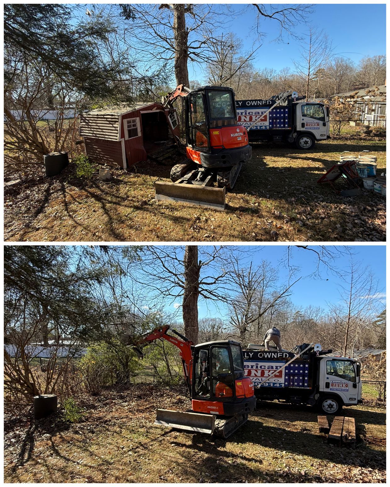 Demolition of a small shed by an orange excavator next to a blue and white truck outdoors.