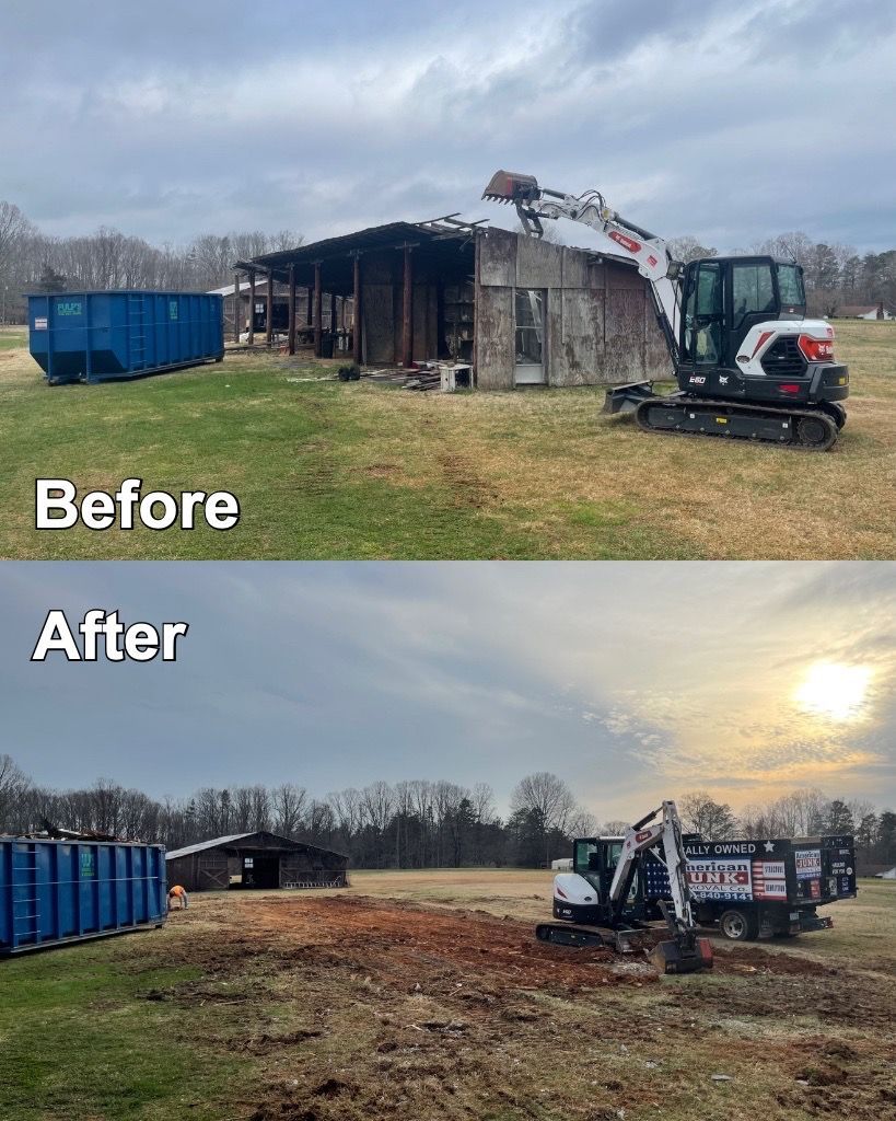 Demolition of a barn: before and after shots. A Bobcat excavator tears down the structure; a dumpster sits nearby.