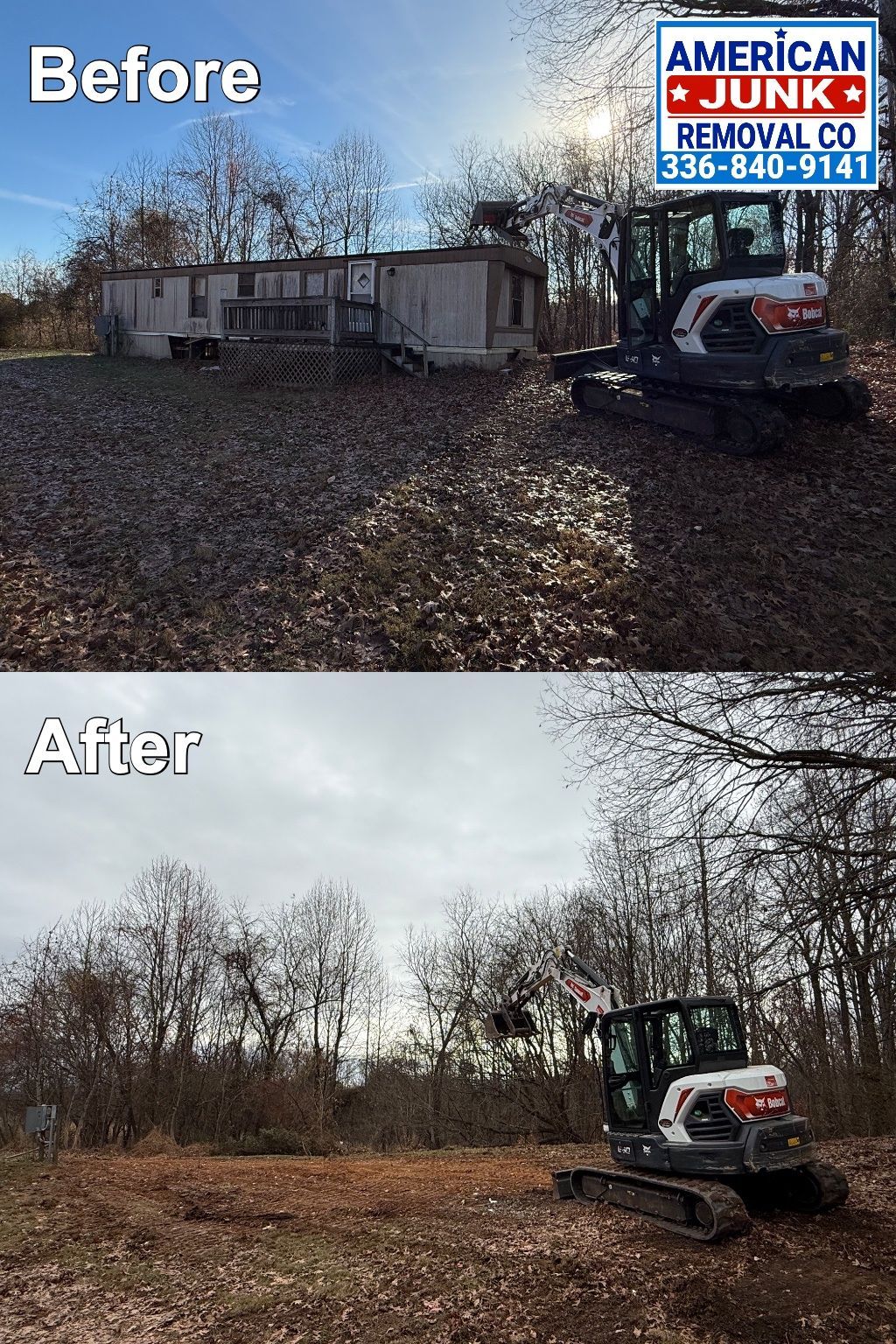 Before and after images of a demolition site. A mobile home is removed by a Bobcat excavator.