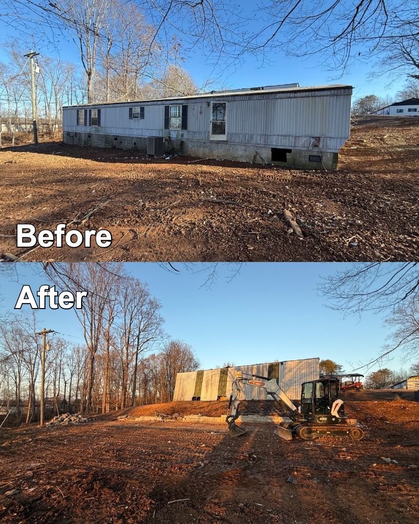 Before-and-after of a mobile home. Top: worn structure in a yard. Bottom: demolished home, land cleared.