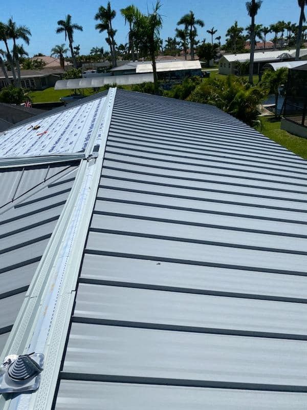 A close up of a roof with palm trees in the background