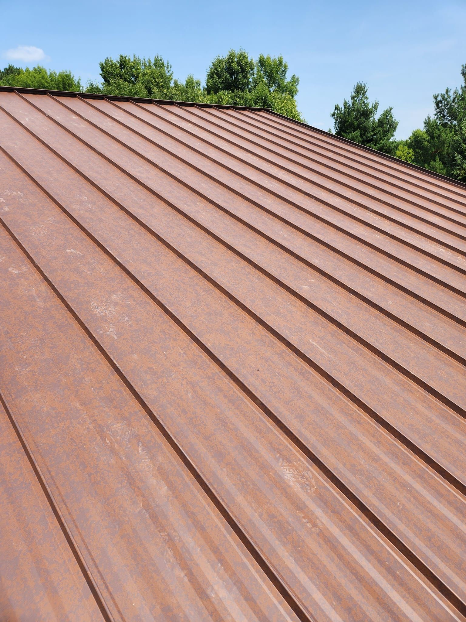 A brown metal roof with trees in the background