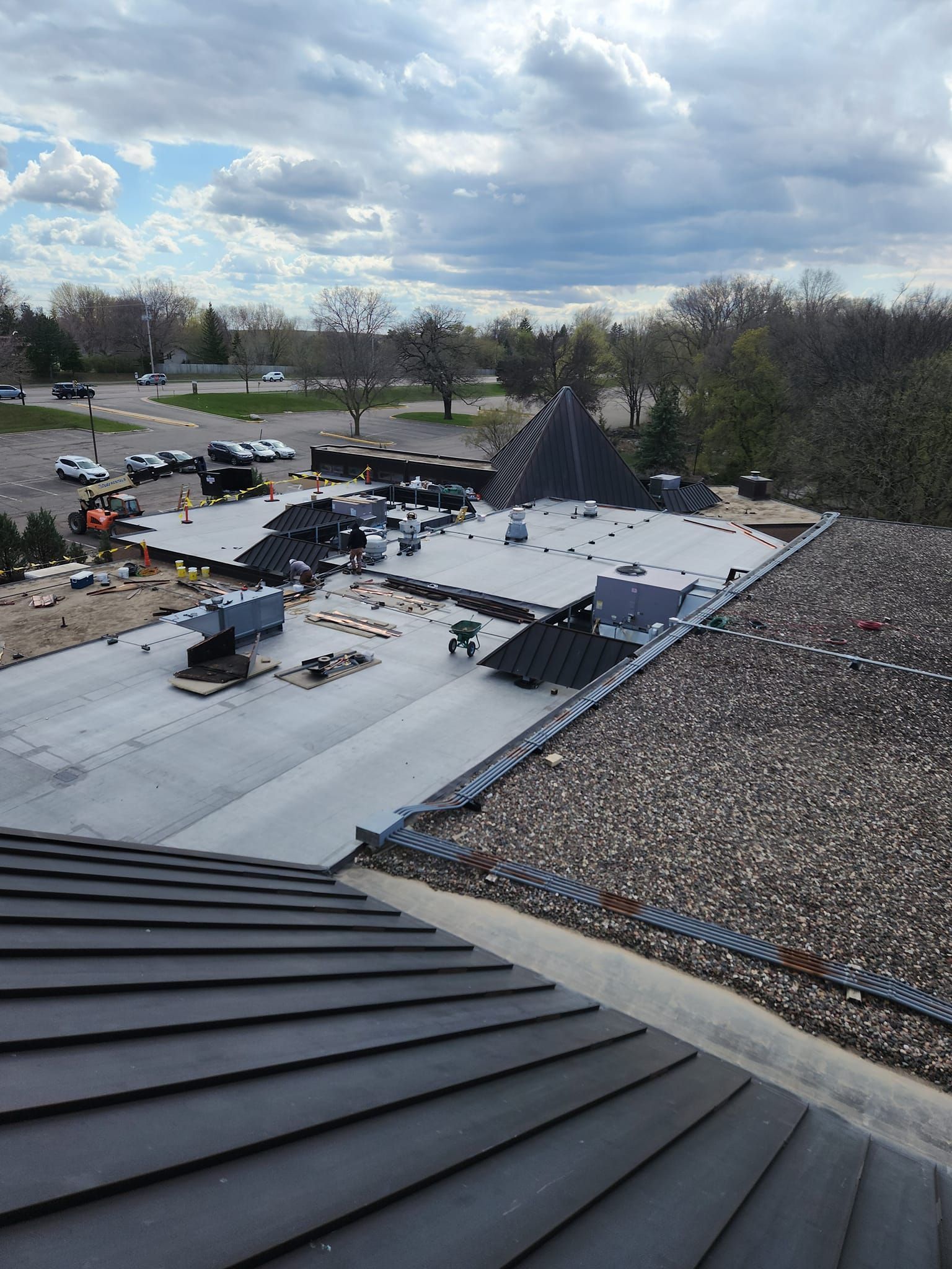 An aerial view of the roof of a building