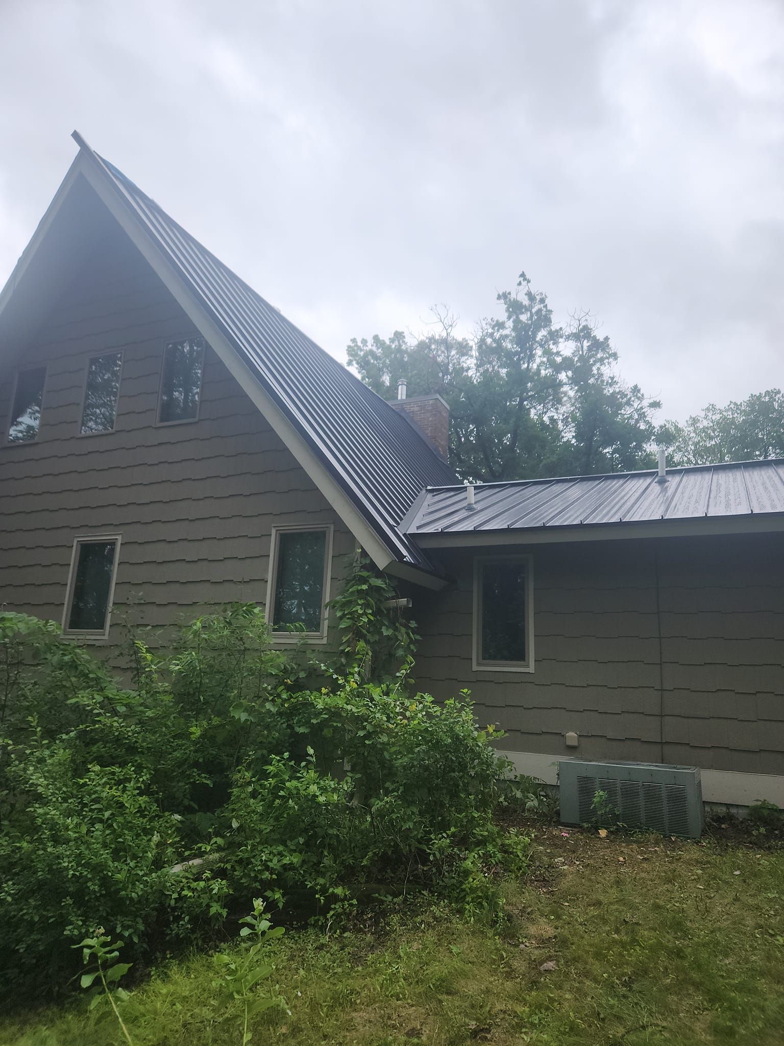 A house with a metal roof is surrounded by trees and bushes.