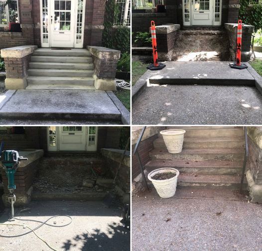 A collage of four pictures of a house 's steps before and after being remodeled.