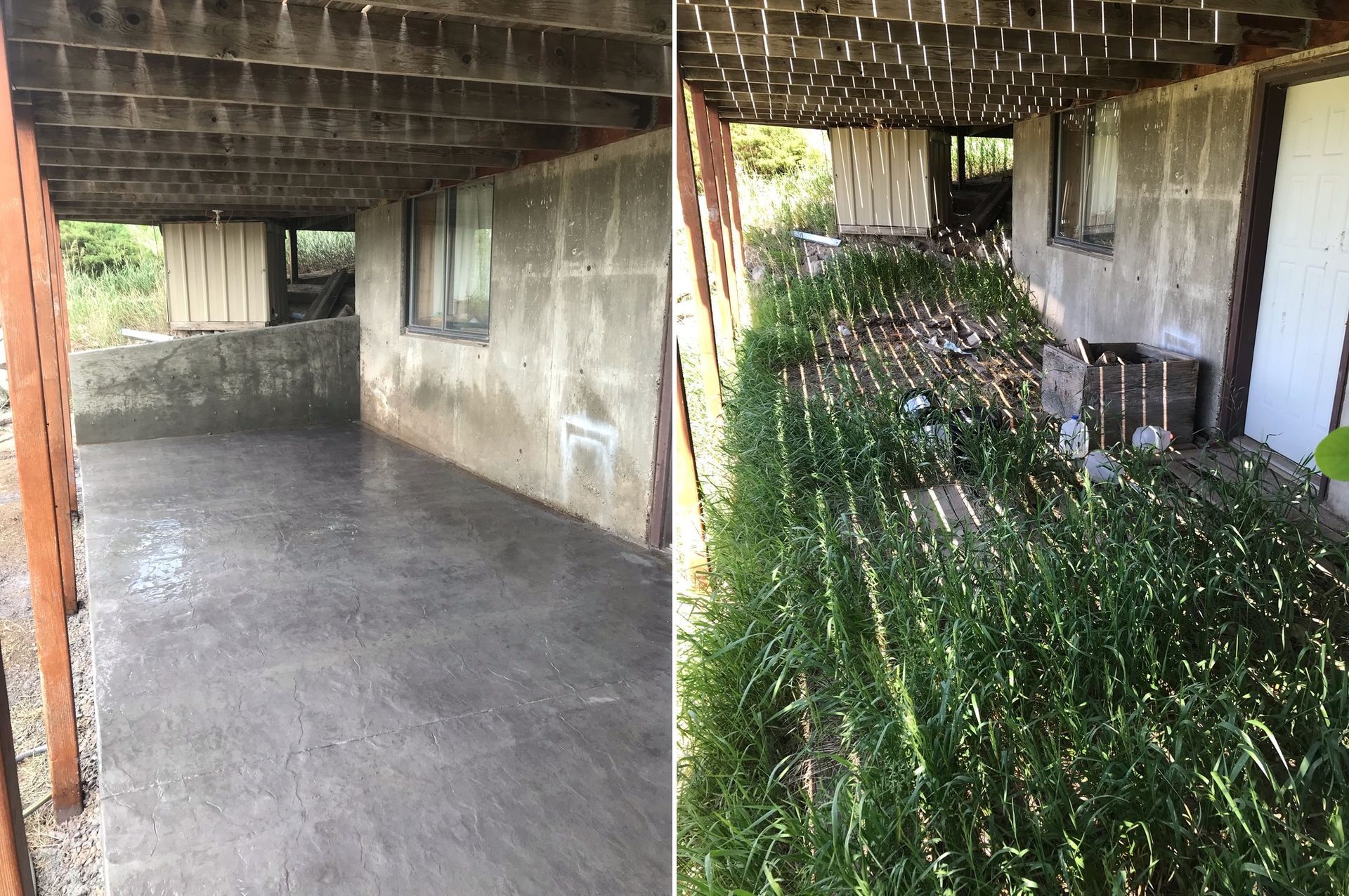 A before and after picture of a concrete garage