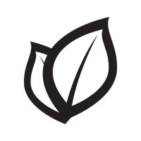 Black outlined leaf logo on a white background