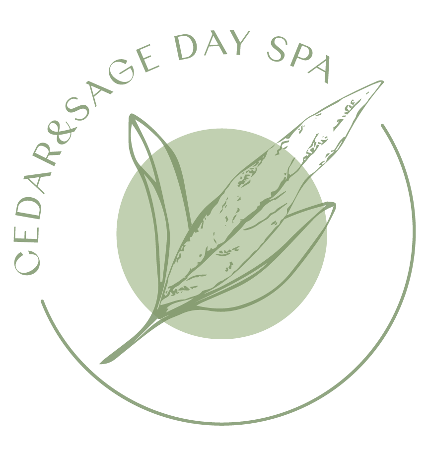 Cedar Sage Day Spa logo with green leaf illustration and circular text on a white background
