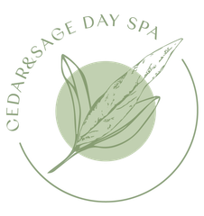Cedar Sage Day Spa logo with green leaf illustration and circular text on a white background