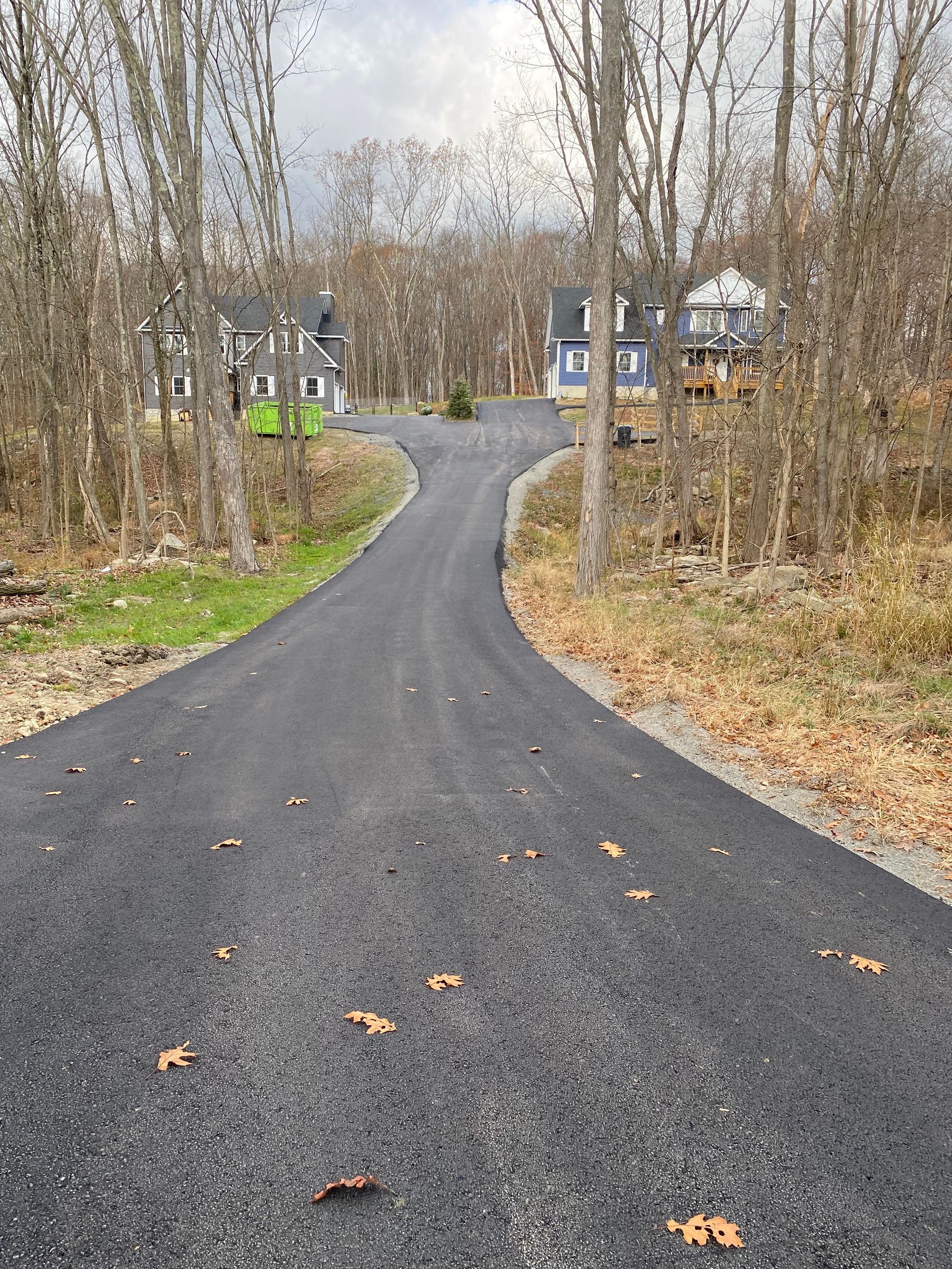 A curvy road goes through a residential area surrounded by trees and houses.
