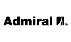 Admiral logo: Black text with a stylized sail symbol.