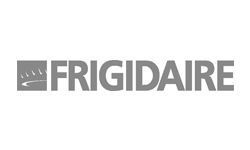 Frigidaire logo: gray text on a white background, with a stylized ice or water droplet icon.
