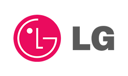 LG logo: Pink circle with white outline forming a face, gray 