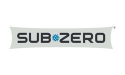 Sub-Zero logo in black text on a curved white banner, with a blue snowflake replacing the