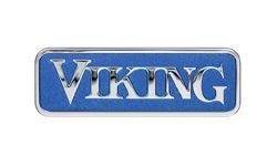 Viking logo on a blue background, silver letters and border.