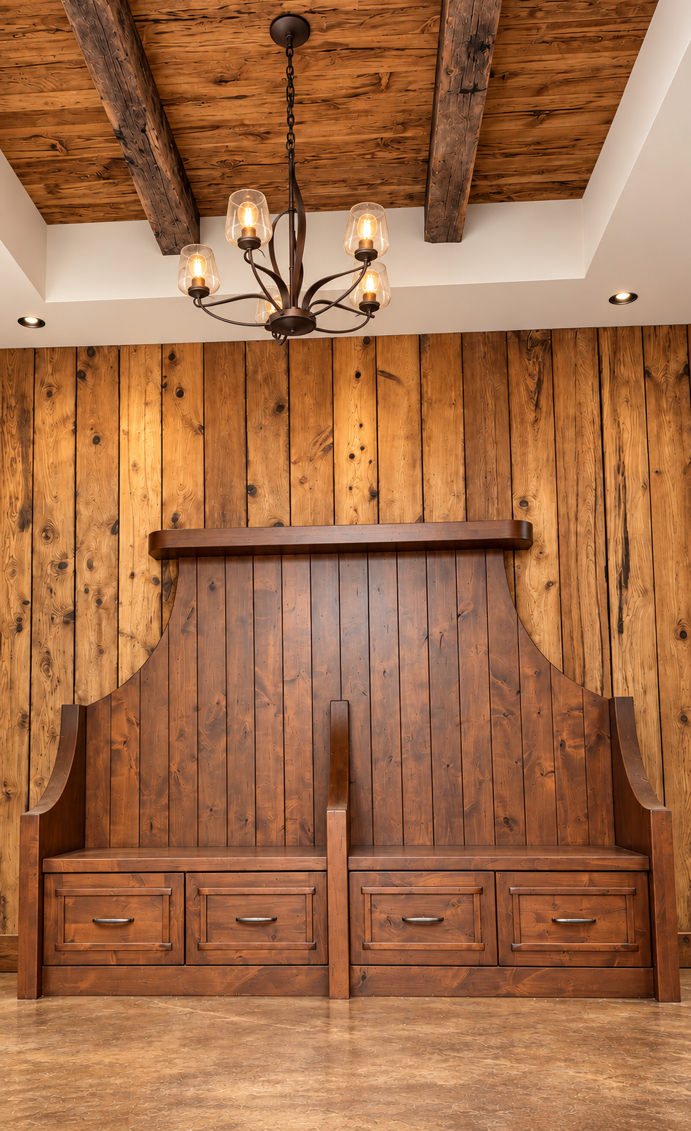 Rustic wood-paneled wall with built-in cabinets, a mantel-like shelf, and a chandelier overhead