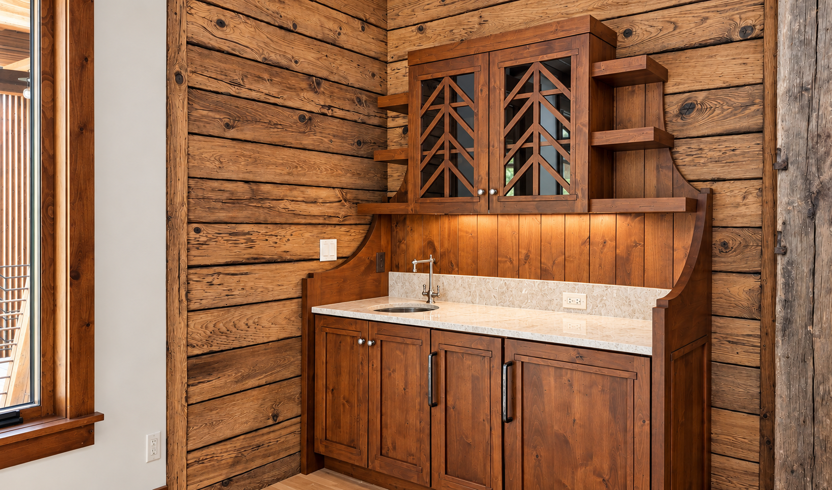 Rustic wood bathroom vanity with white countertop, mirror cabinet, and wall sconces in a log cabin interior