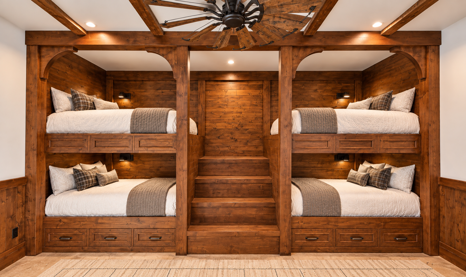 Wood-paneled bunk room with four beds and a central staircase