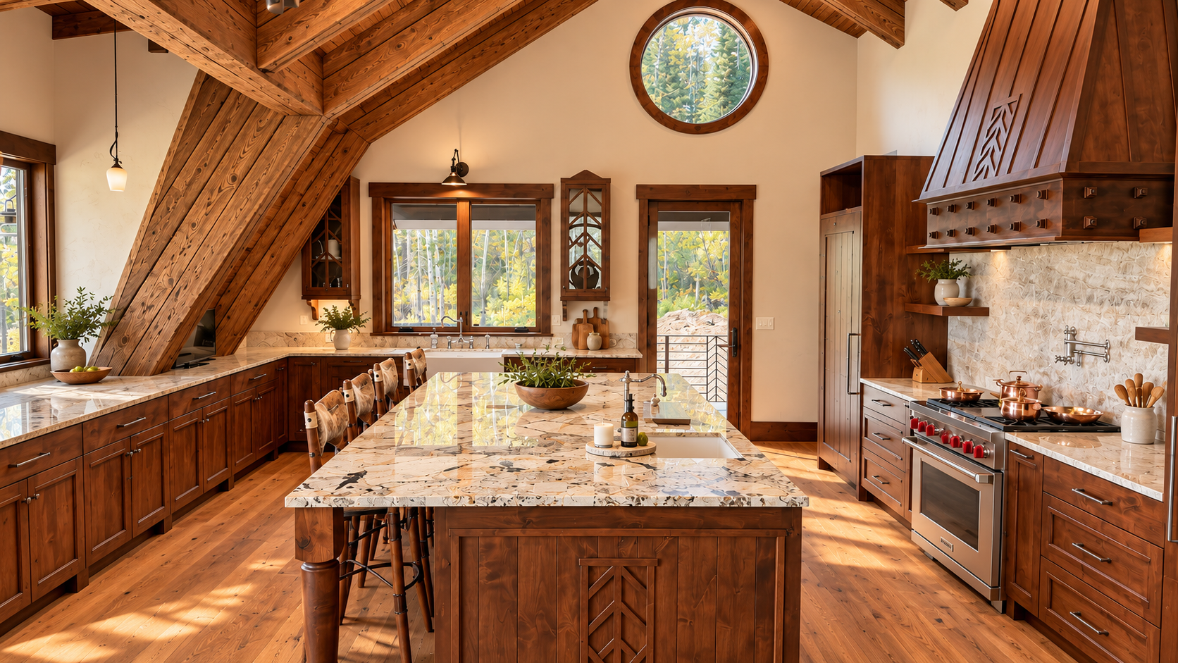 Rustic kitchen with wood beams, island, granite counters, and stainless steel range, lit by large windows