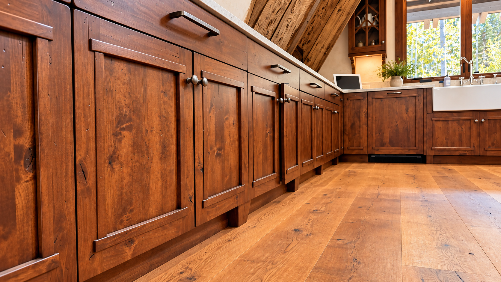 Wooden kitchen cabinets and hardwood floor in a rustic interior with large windows